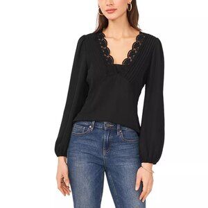 89$ VINCE CAMUTO Lace Trim V-Neck Blouse Shirt Top Women's Size XS Rich Black
